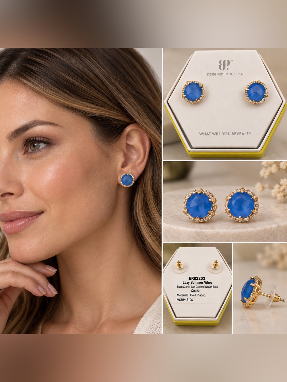 Gold-Tone Blue Crystal Halo Stud Earrings
